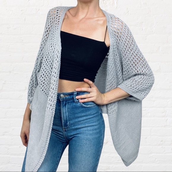 HANDMADE | Misty Grey Blue Lace Knit Flowy Open Front Cardigan Duster Coverup - Picture 3 of 8